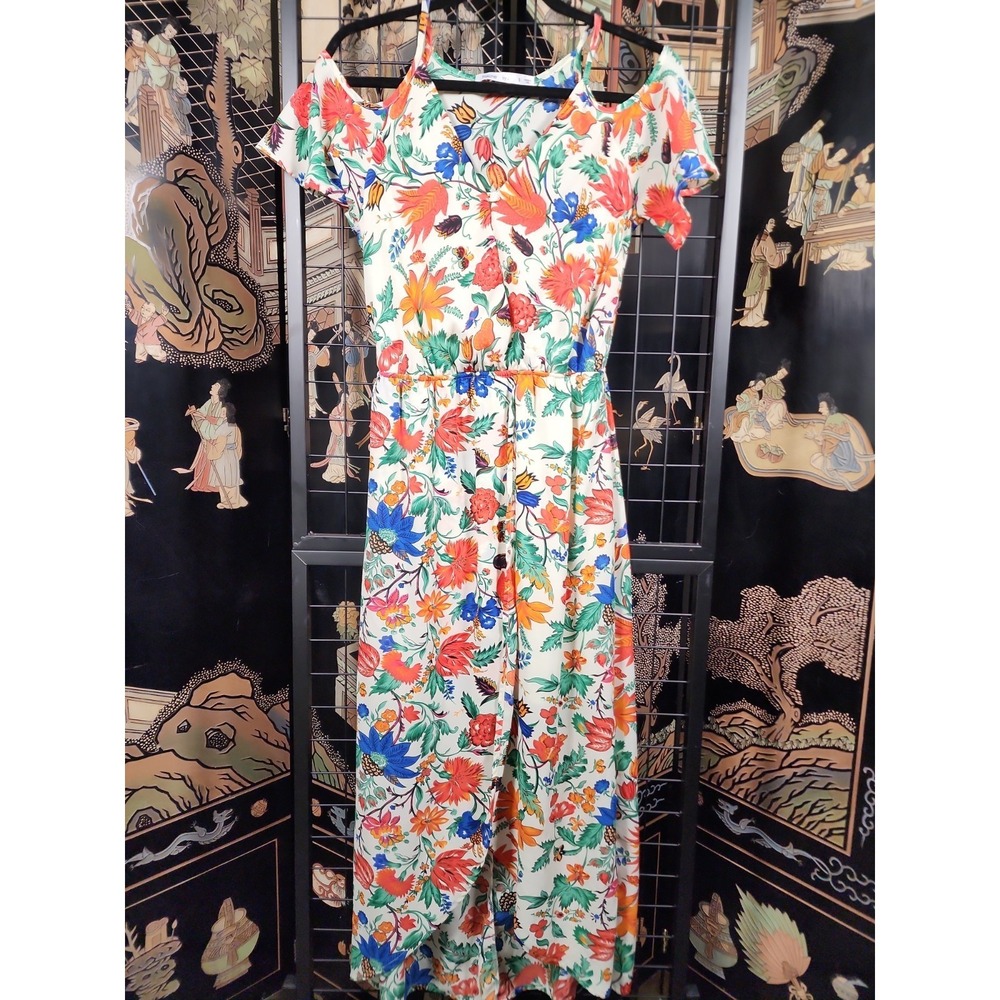 Fraiche by J Cold Shoulder Floral Dress V-Neck Elastic Waist Boho Summer Size S